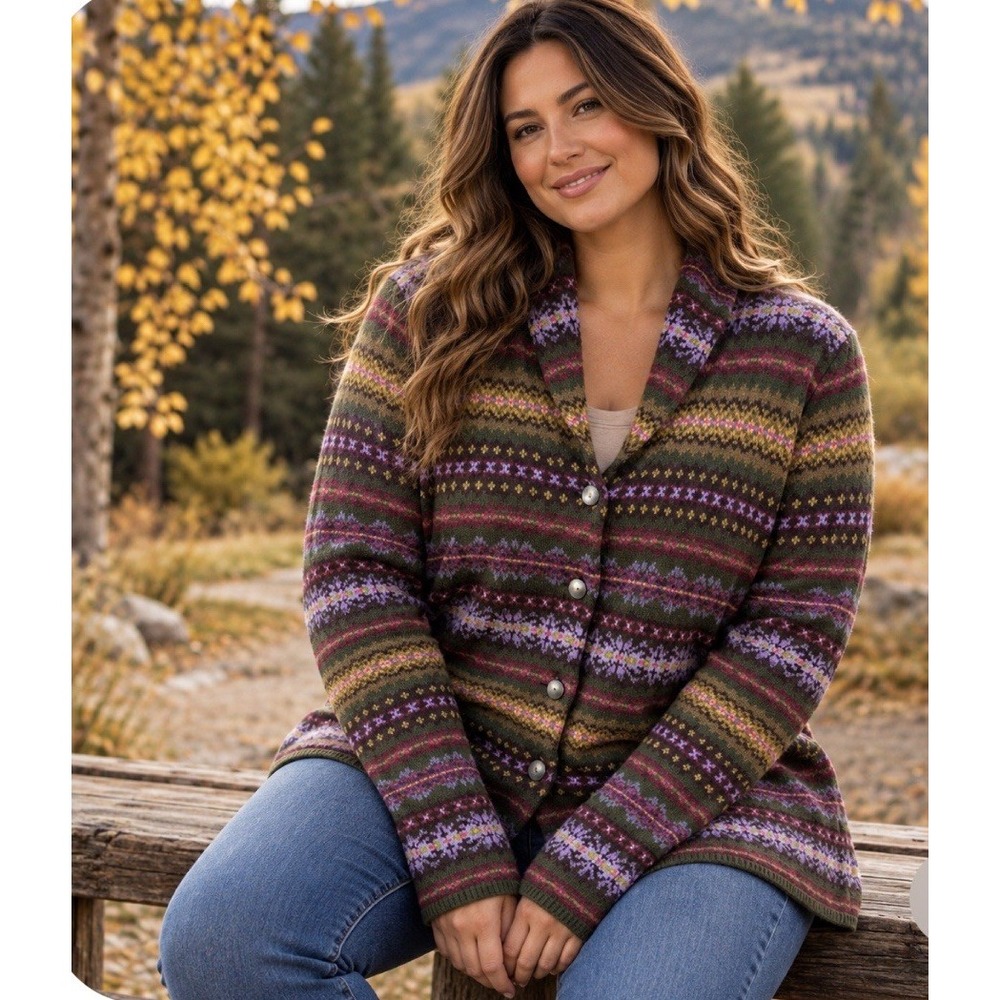 TALBOTS Sweater XL Wool Blend Nordic Fair Isle Cardigan Cowl Button Up Purple